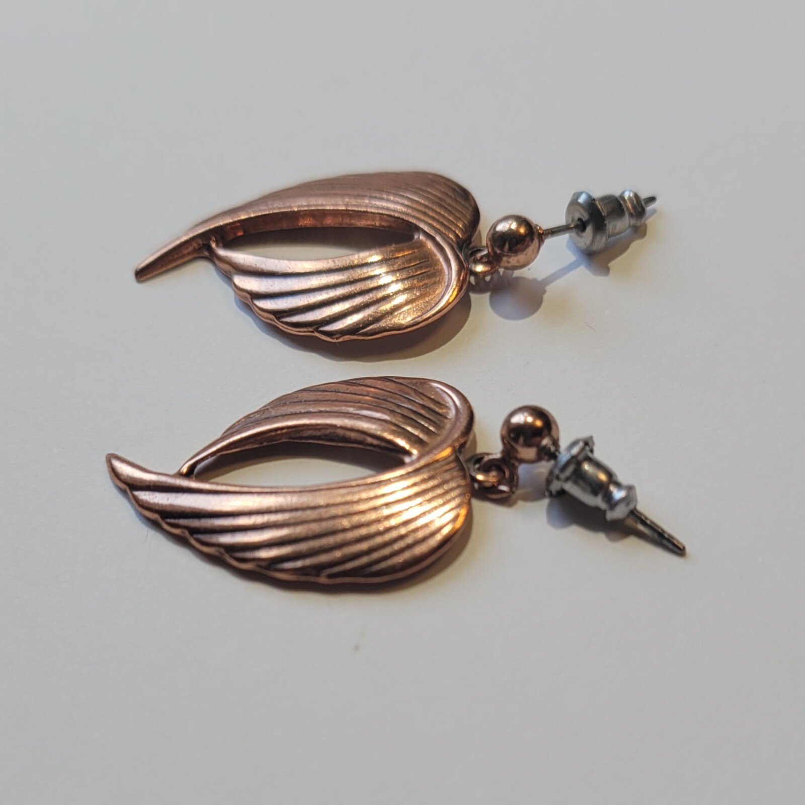 Copper Angel Wings Art Nouveau Style Post Dangle Drop Pierced Earrings Vintage