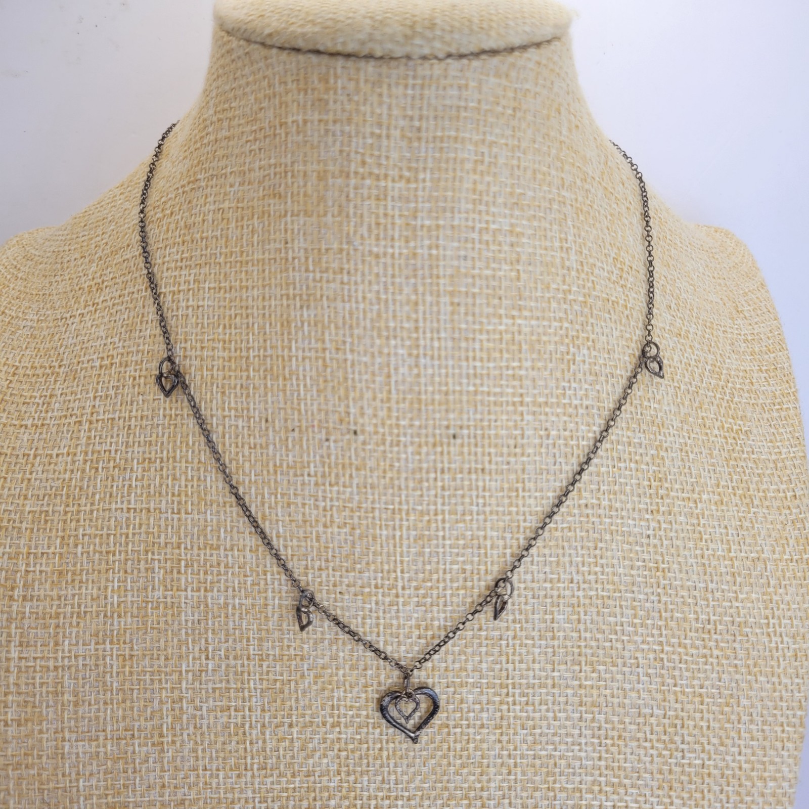 Vintage Baroni Designs Sterling Silver Open Heart Pendant Charm Station Necklace