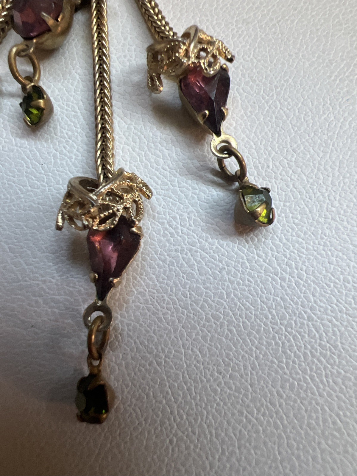 Vintage Shades of Purple & Olive Green Rhinestone waterfall Pendant Necklace 16″