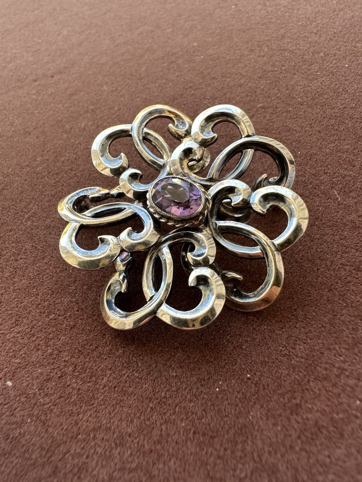 Vintage Victorian Sterling Silver Purple Amethyst Cabochon Gold Plate Brooch