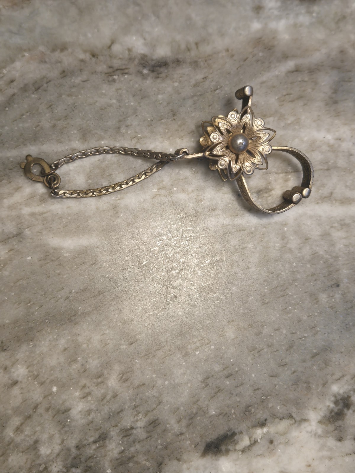 Gold Tone Engraved Flower Dress Clip w/ Chain, Round White Pearl Center