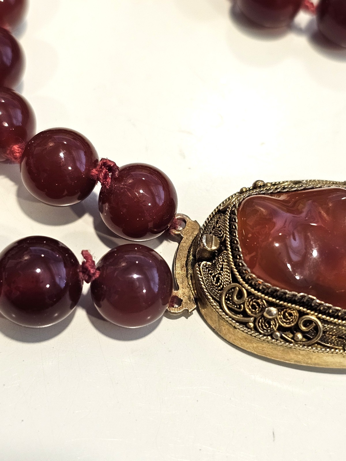 Vintage Carnelian bead necklace sterling gold wash filigree clasp