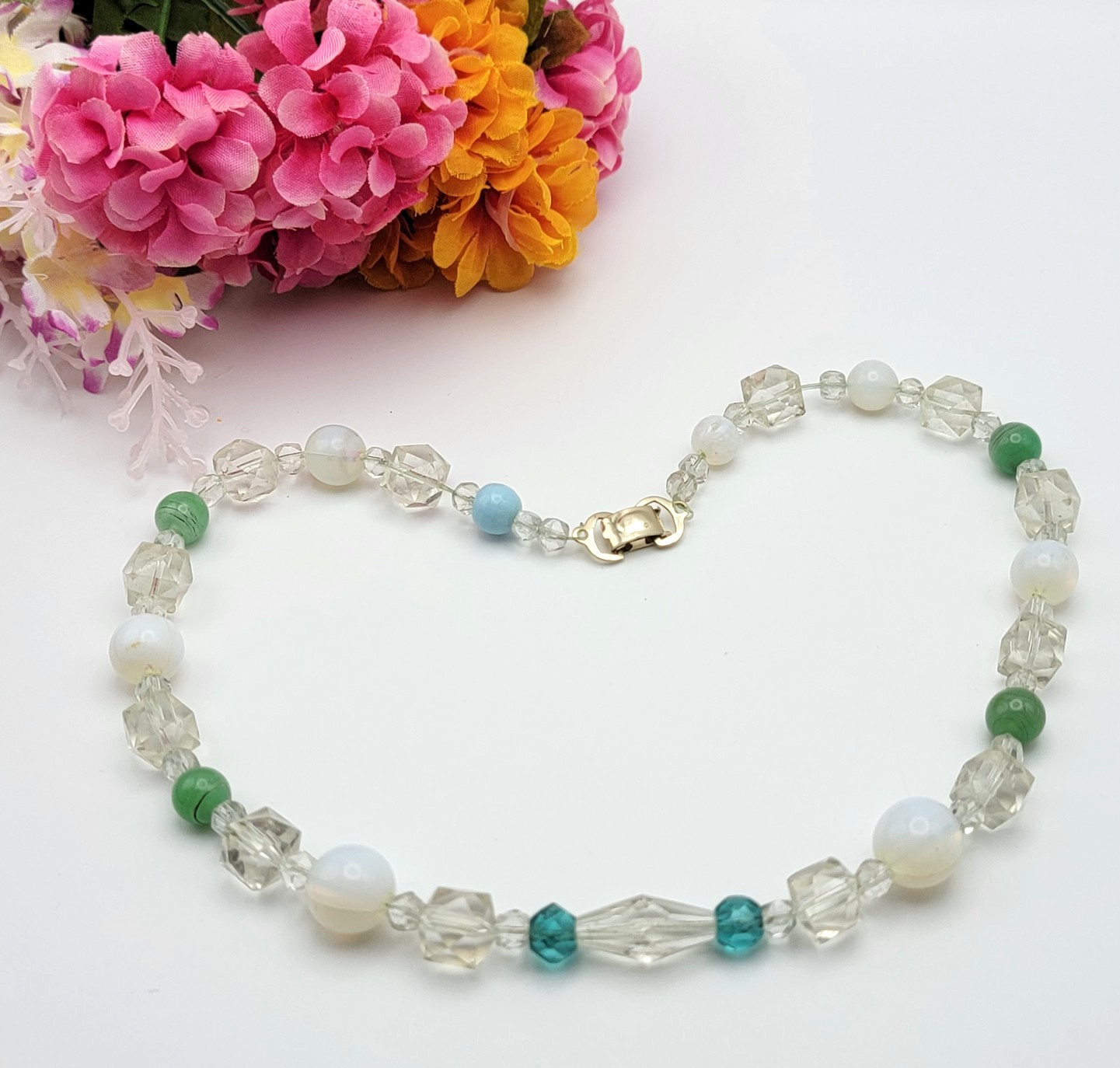 Multicolor Beaded Necklace Opalite Glass And Faceted Crystal Beads 19 in France