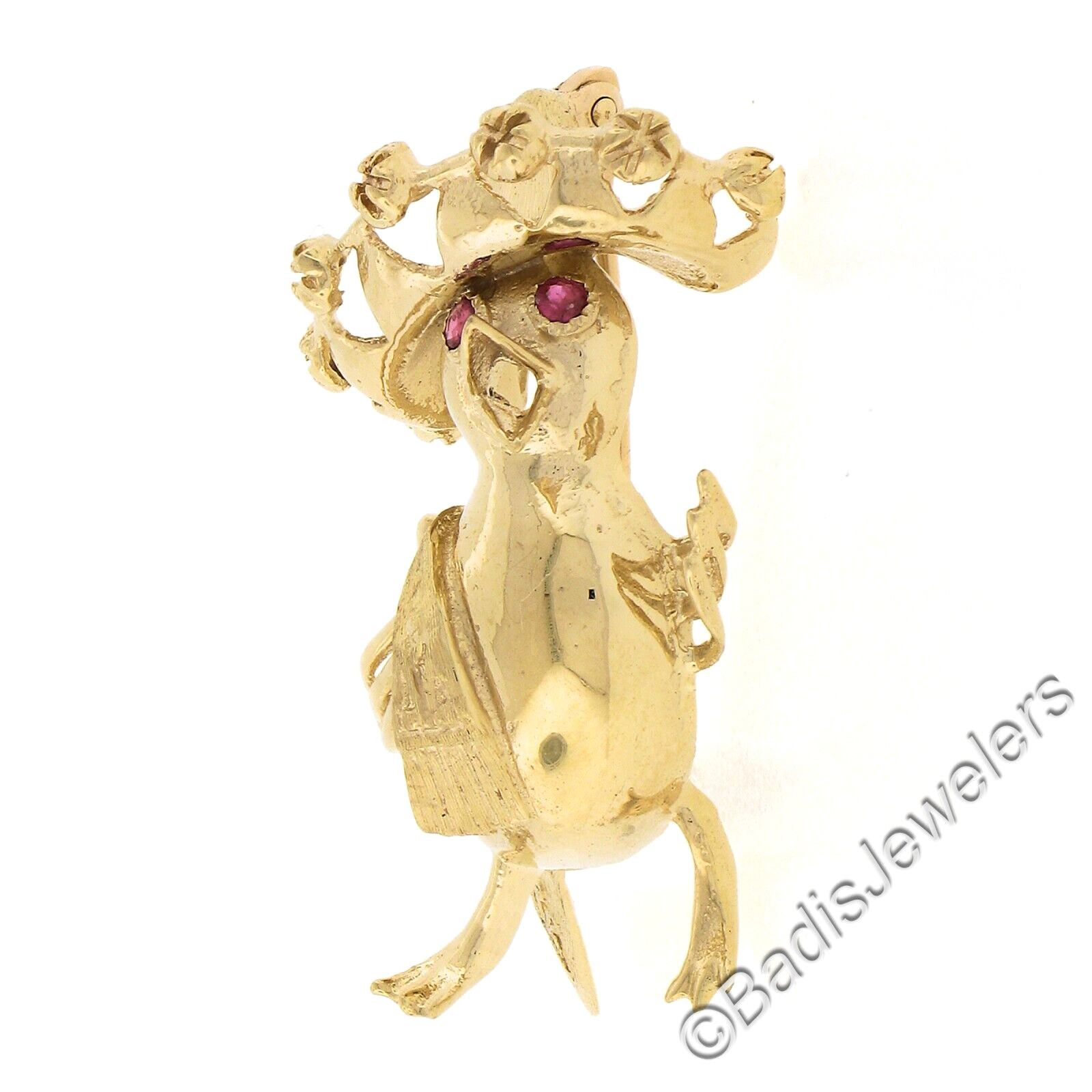 Vintage 14K Gold 3D Detailed Textured Bird with Hat Pin Brooch w/ .04ctw Ruby