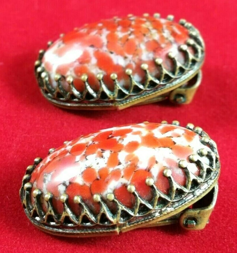 Vintage Czech Earrings Red Art Deco Glass Crystals Bohemian Art Glass Cabochon