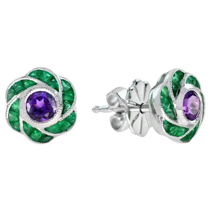 Art Deco Style Round Amethyst and Emerald Floral Stud Earrings 14K White Gold FN