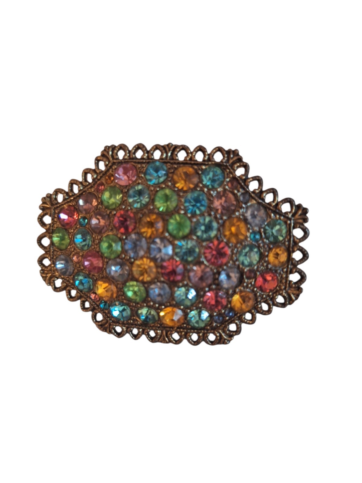 Multi-Color Pastel Rhinestone Crystals Large Vintage Filigree Brooch