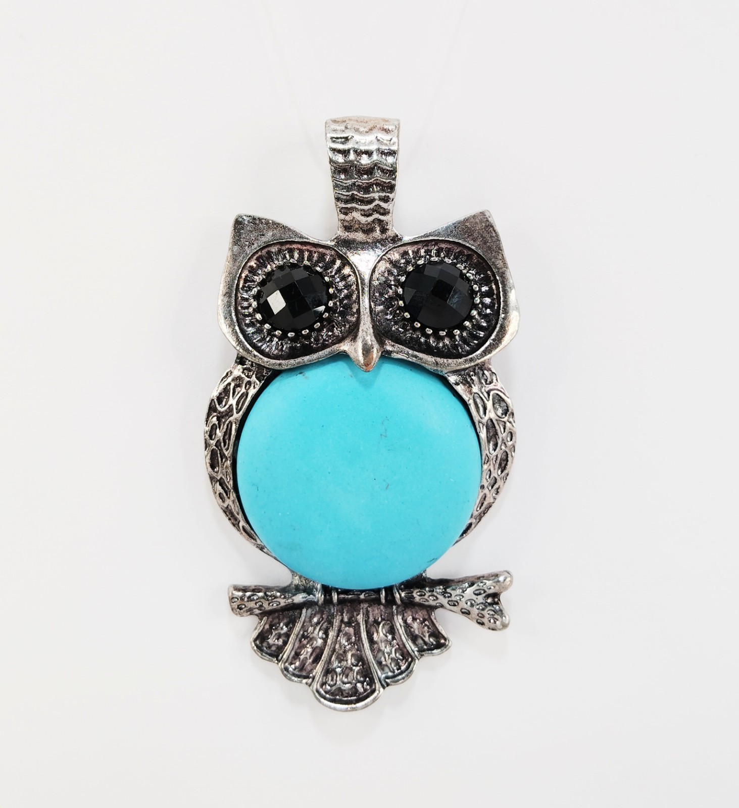 Lovely Vtg Genuine Natural Turquoise Gemstone Rhinestne Owl Design Silvr Pendant