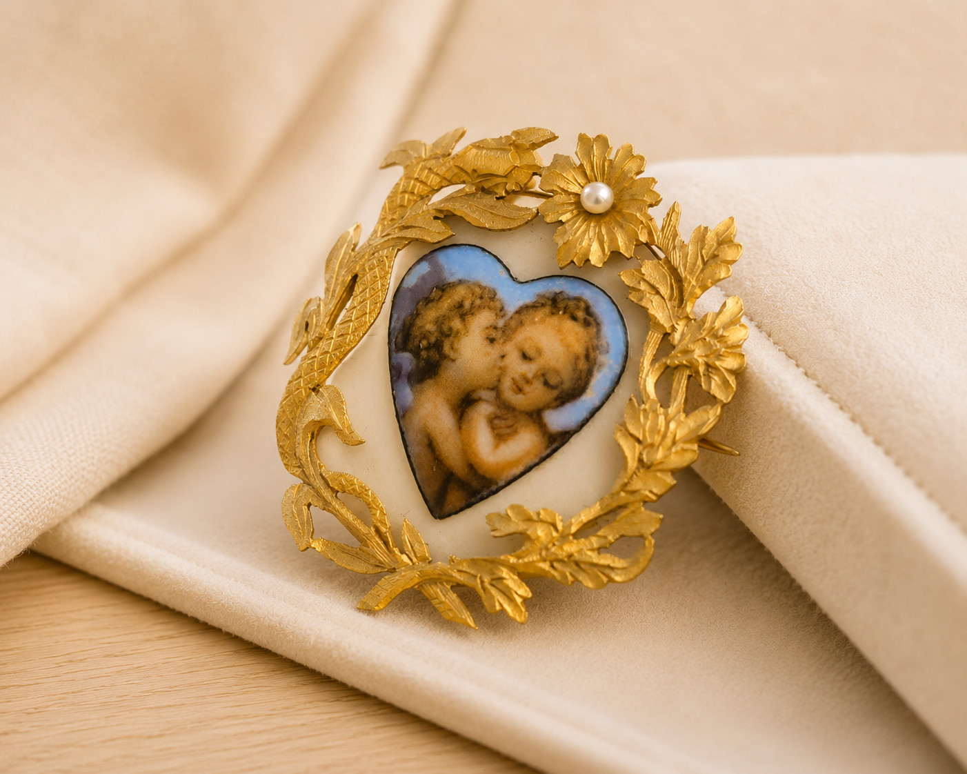 Antique 18K Gold Heart Brooch Angel Cherubs Pearl Enamel Mother of Pearl c1900