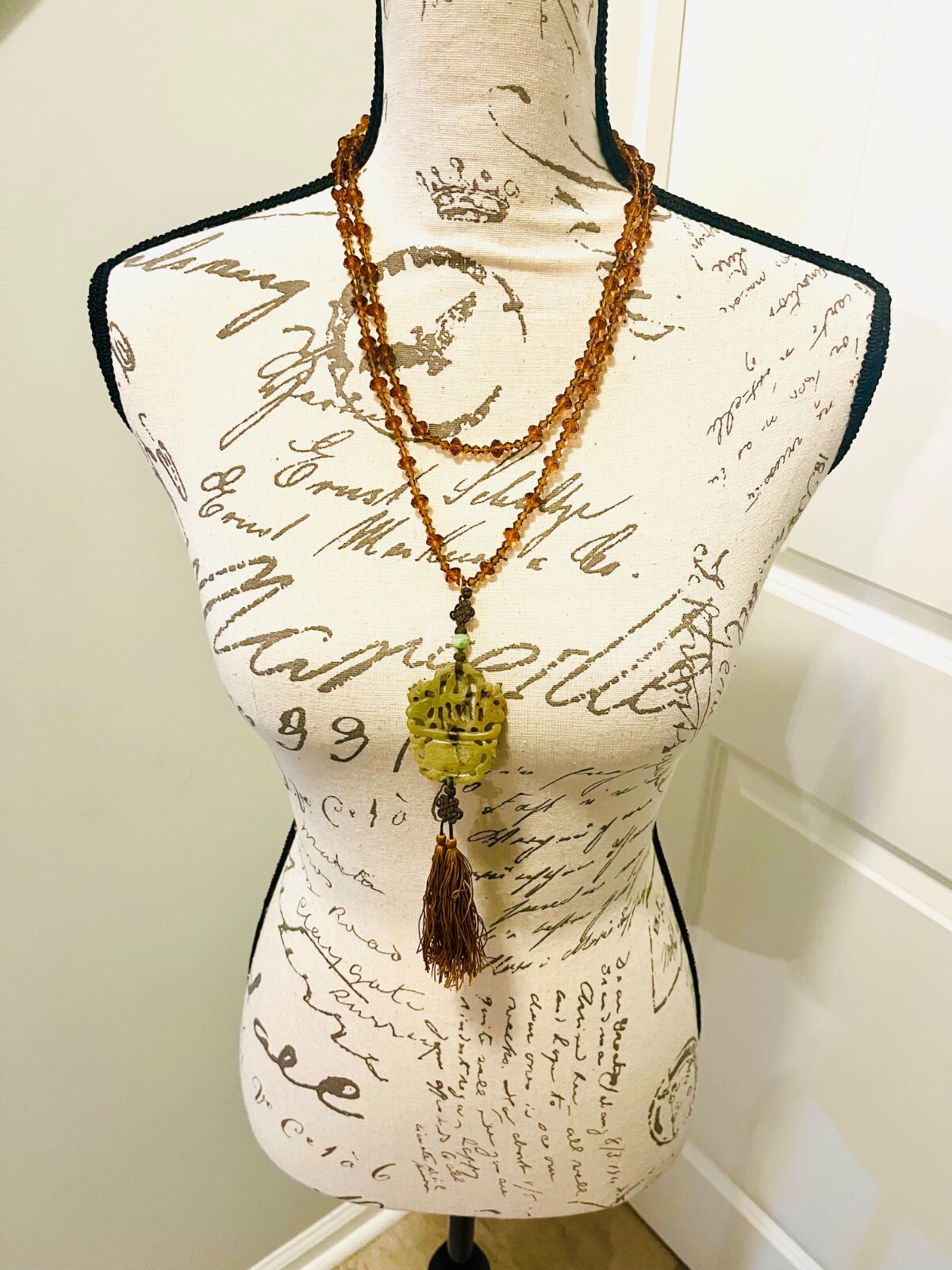Vintage MCM Jade Pendant Necklace With Amber Glass Beads & Silk Tassel, STUNNING