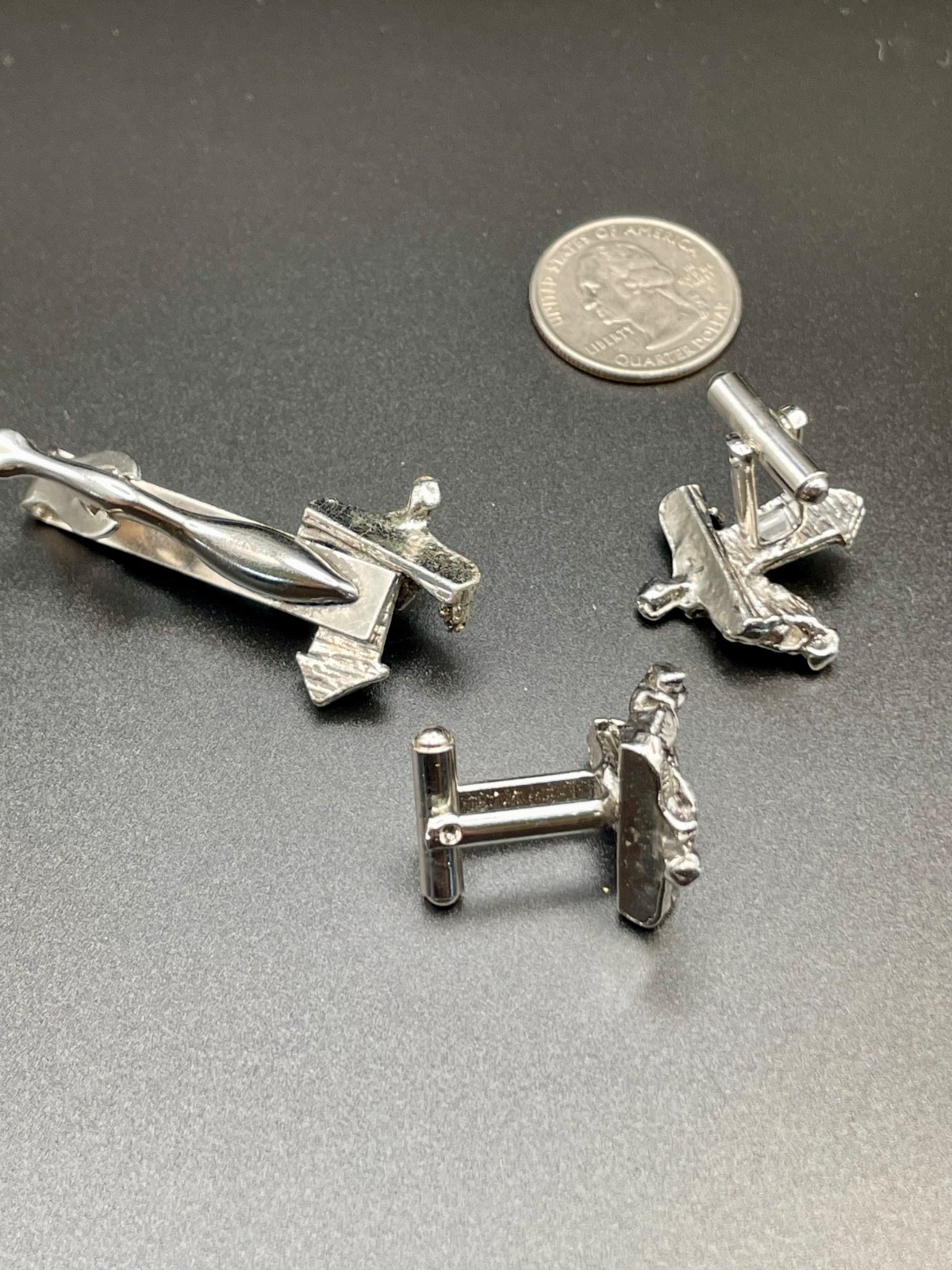 Vintage Outhouse Moonshine Drunk Figural Silver Tone Cufflinks and Tie Clip Set