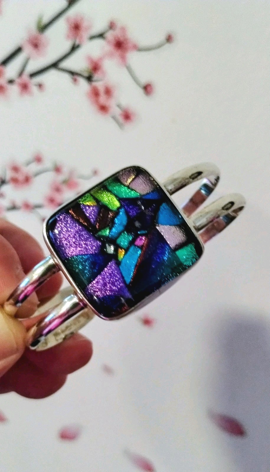 Handmade Small Purple Blue Dichroic Glass Sterling Silver Cuff Bracelet 6.5in