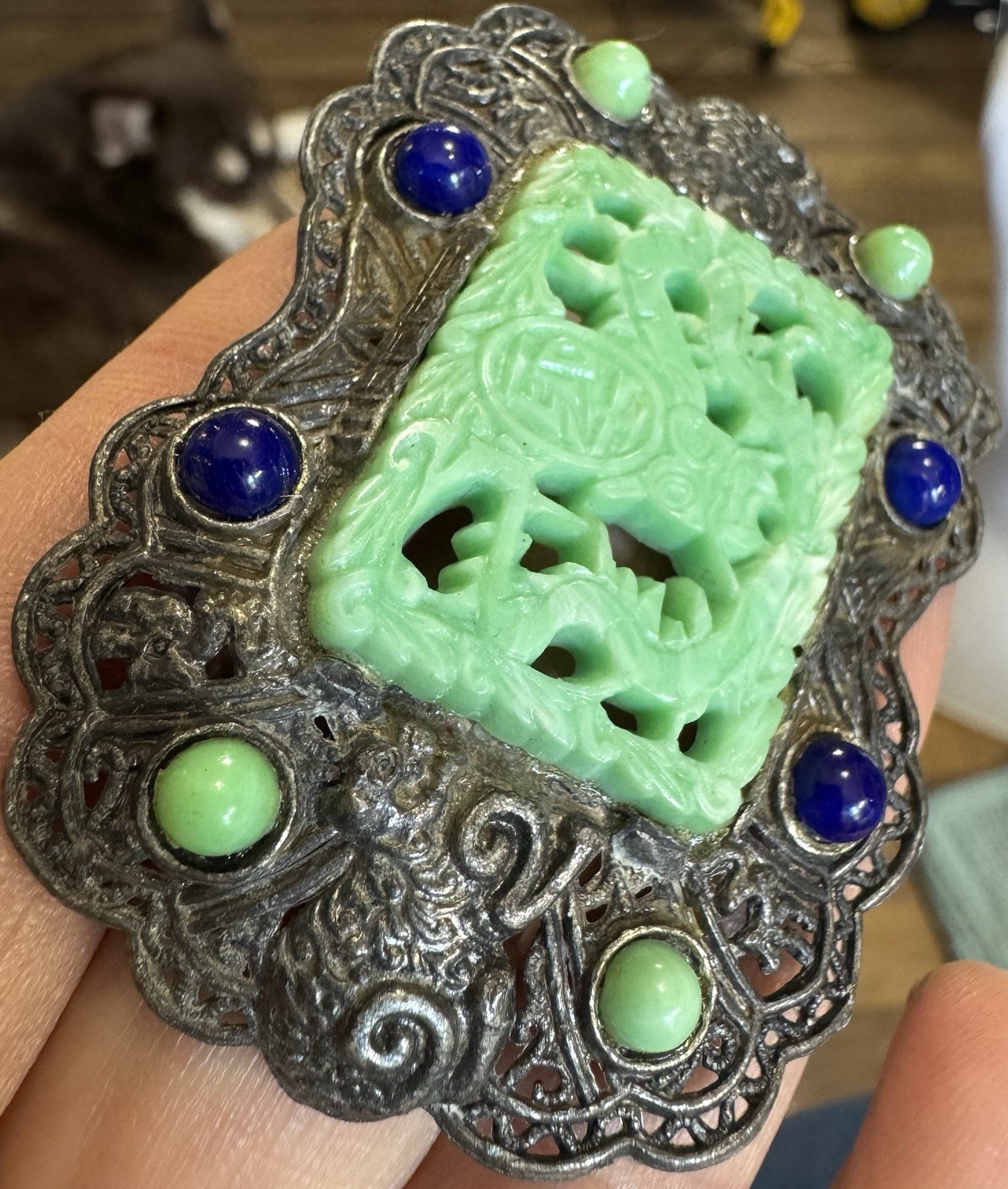 Vintage LN/25 Little Nemo Signed Pot Metal Asian Themed Brooch Faux Peking Glass