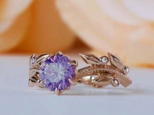 2.5Ct Round Lab Created Amethyst & Diamond Anniversary 14K Rose Gold Finish Ring