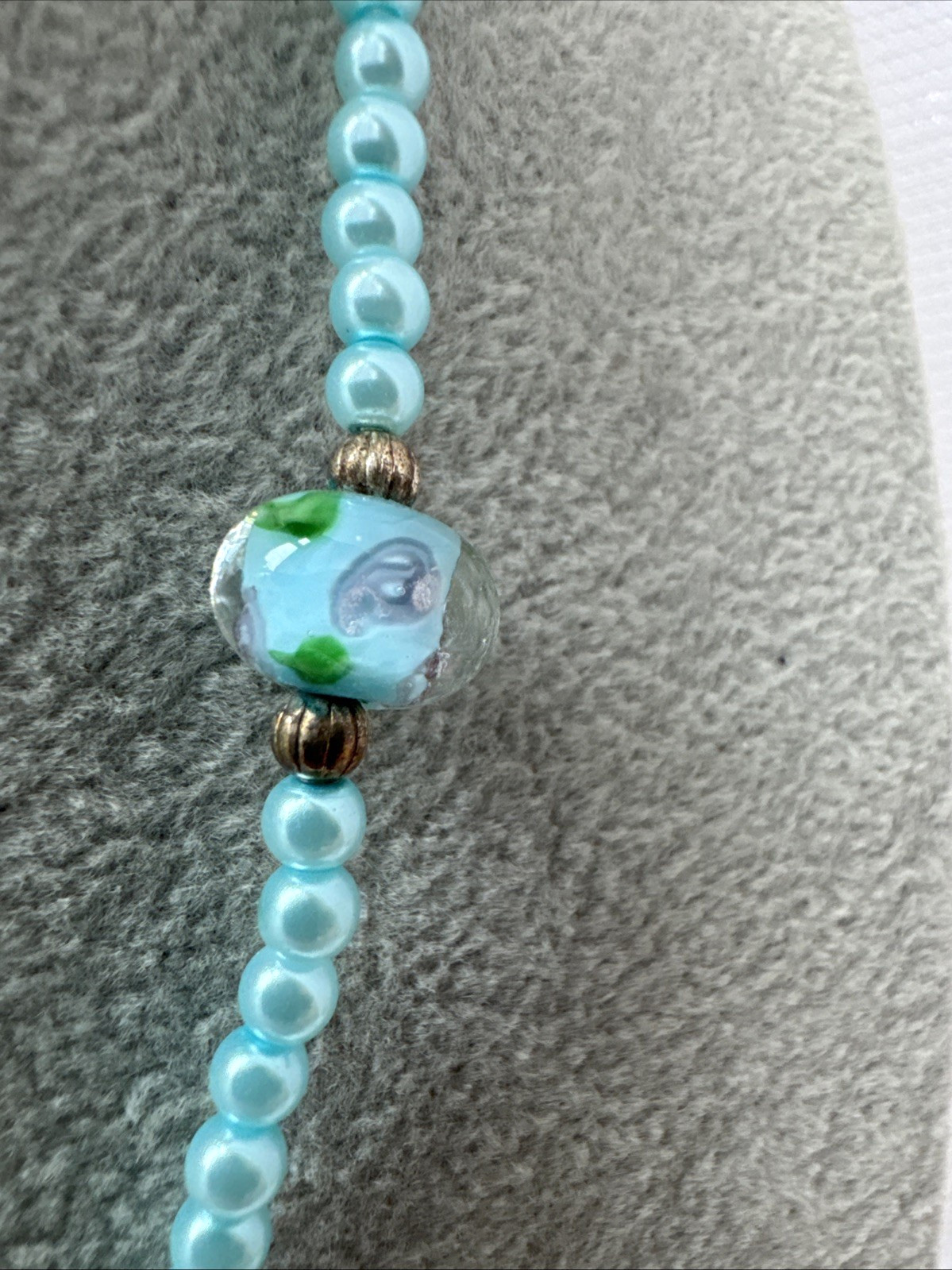 Vintage Light Blue Teal Gold Pearlescent Murano Art Glass Rose Beaded Necklace