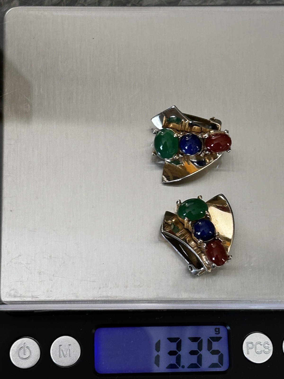 Vintage Multi Cabochon Clip Earrings Green Blue Red Fan Shield Gold Tone