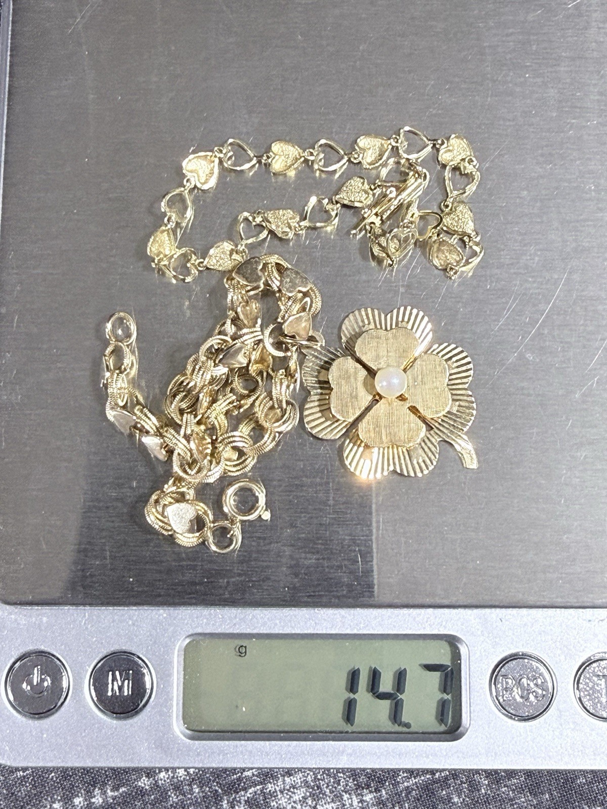 VINTAGE 14K GOLD LOT OF 2 HEART LINK BRACELETS 14.7 GRAMS WEARABLE BOTH MARKED