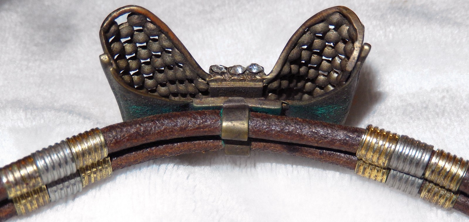 Rhinestone BOW TIE Necklace 1970s Vintage Art Metal Leather Rope Collar