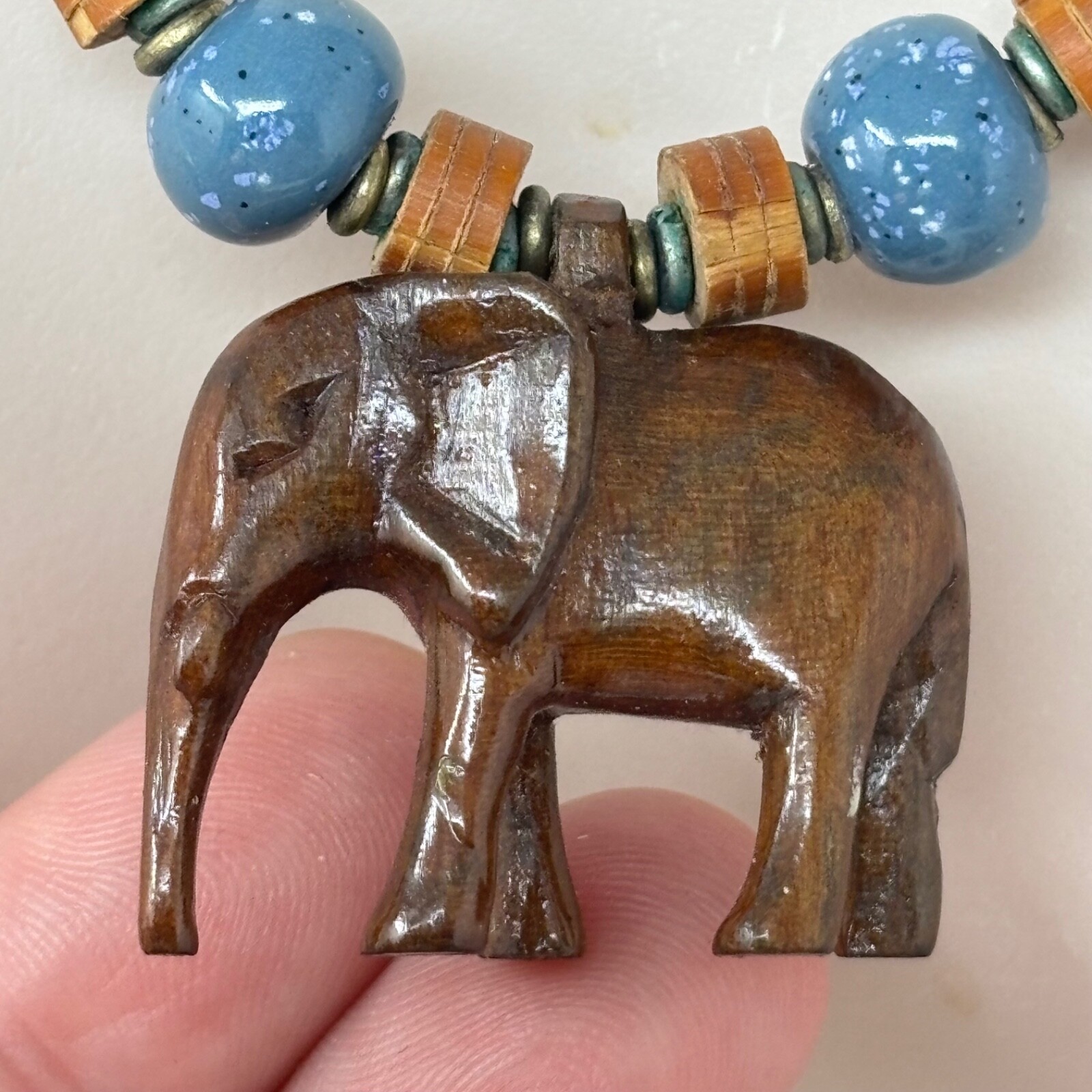 Vintage Beaded Necklace Blue Ceramic Tan Wood with Elephant Pendant Verdigris