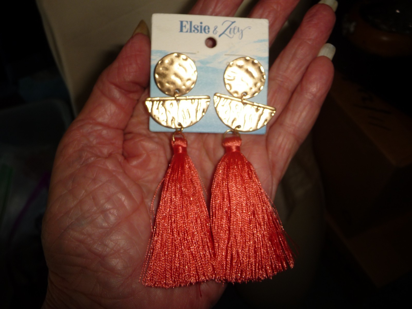 3 3/4”L DANGLE MCM GOLD TONE W LONG ORANGE THREAD TASSEL PIERCED EARRINGS #8/19