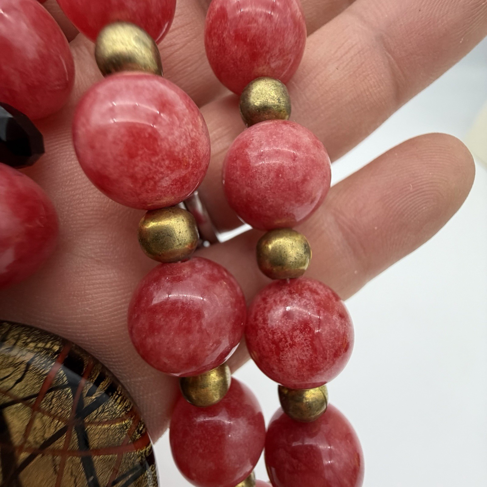 Vintage Artisan Rhodocrosite Pink Gemstone Necklace Murano Pendant Estate