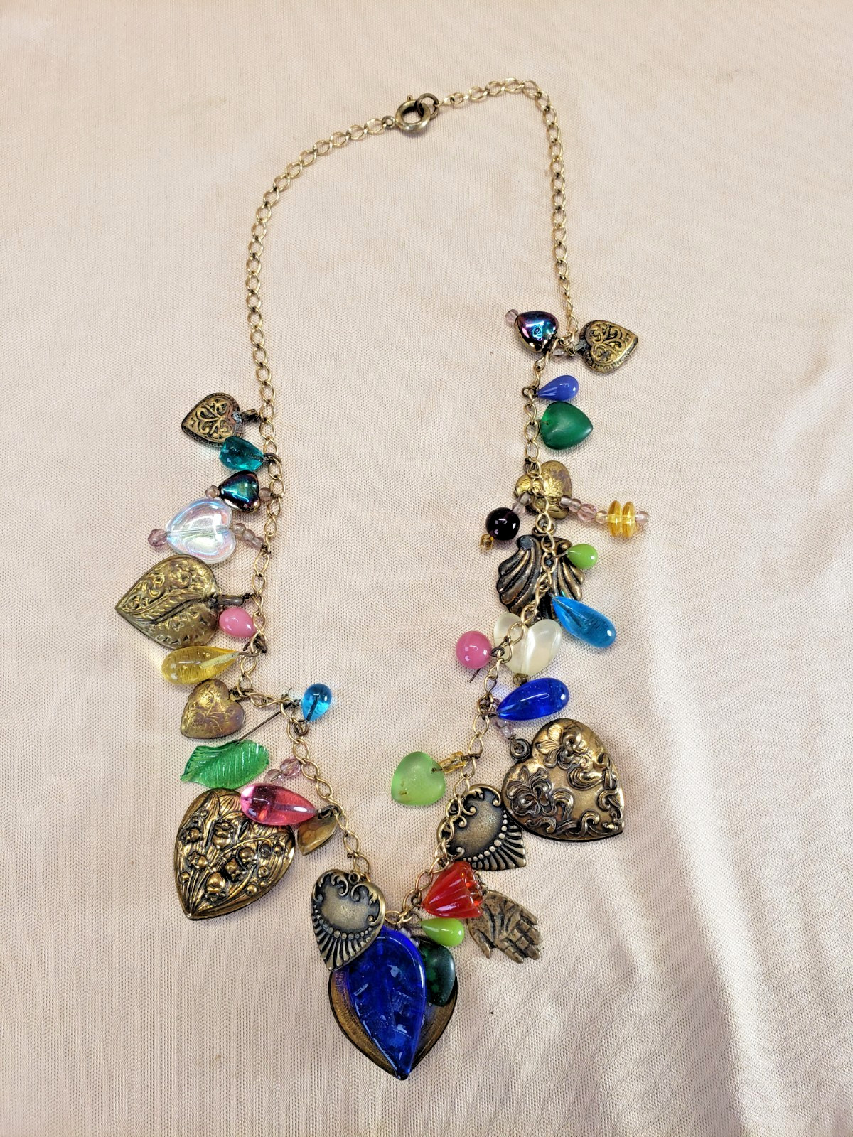Vintage Ornate Hearts and Glass Charms Necklace Glass Works Studio Style AS IS