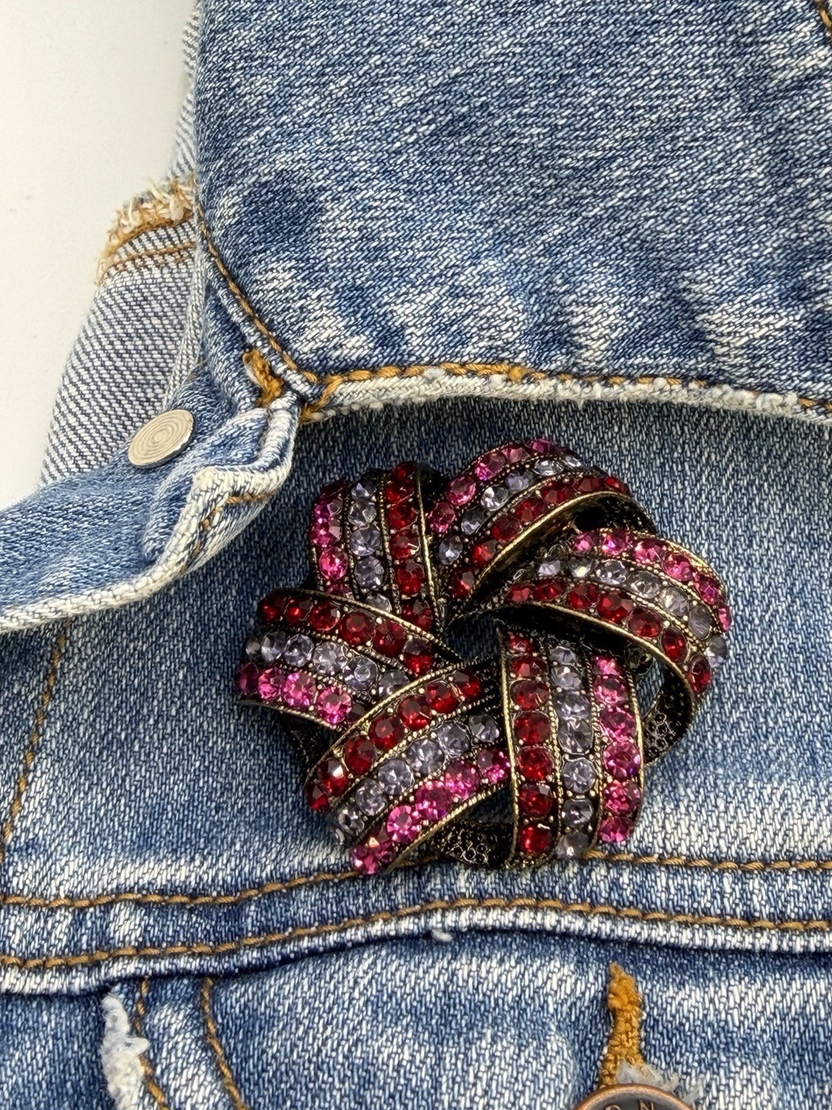 Monet Rhinestone Brooch Pink Red Purple Swirl Pin Gold Tone Vintage