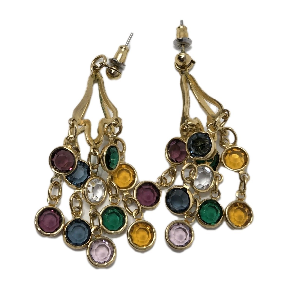 Multicolor Bezel Crystal Dangle Drop Earrings Multi-strand Vintage Unsigned