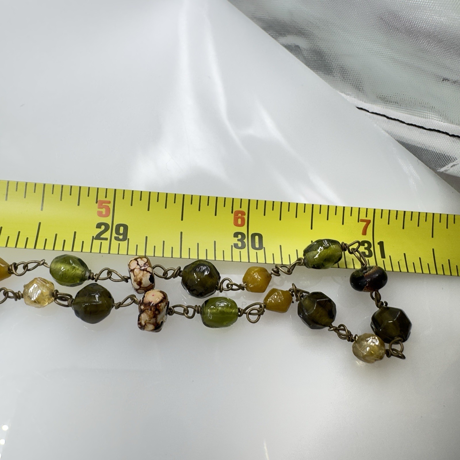 Vintage Art Glass Necklace Earth tones Multi-shape Molded Hand Wired 62″ Opera