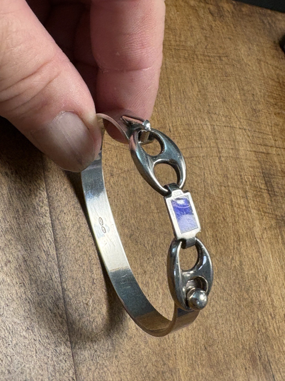 Vintage Sterling Silver and Lapis Inlay Bangle Bracelet 6 1/4 in 16 cm diameter