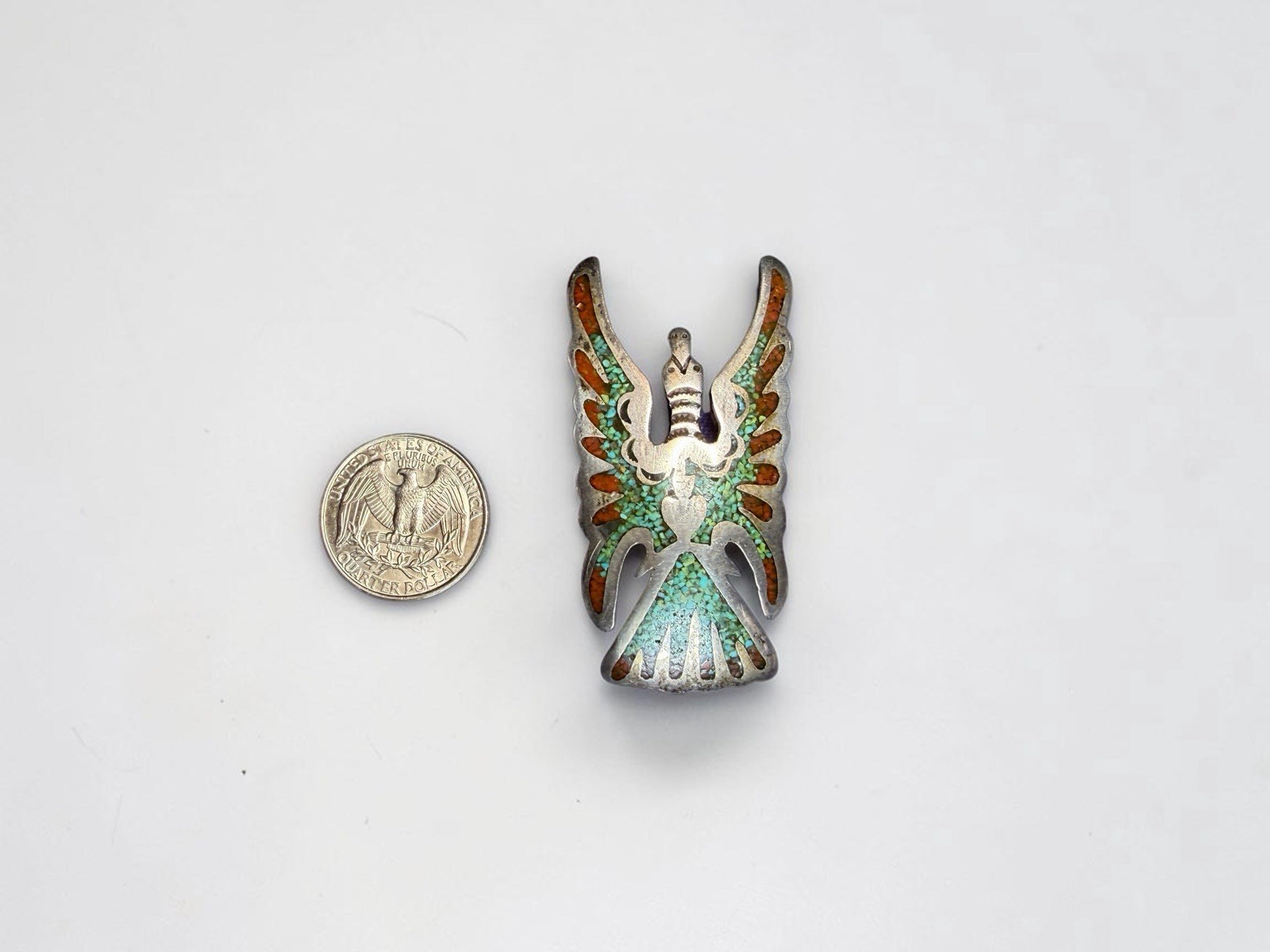 Navajo Juan T. Singer JTS Sterling Silver Turquoise Coral Thunderbird Pin Brooch