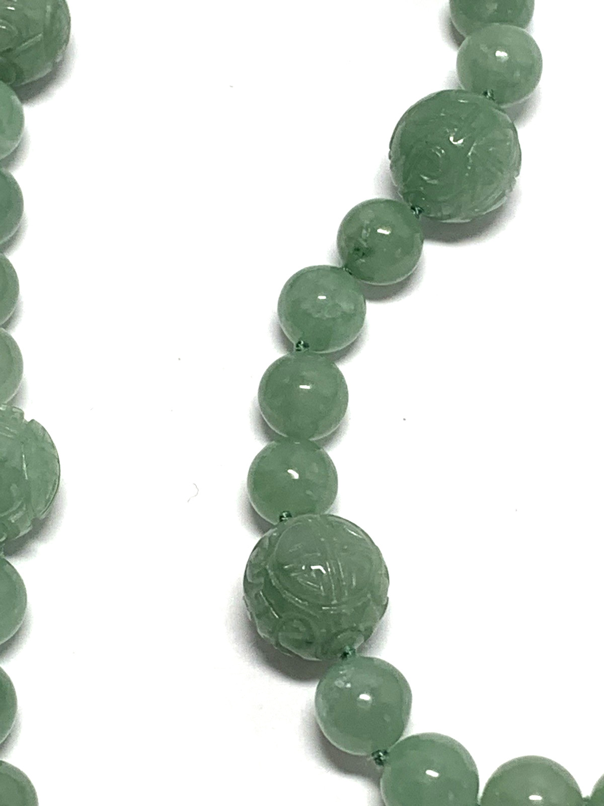 Vintage Hand-Knotted Natural Jadeite Carved Dragon Head & Balls w/ Loop Necklace