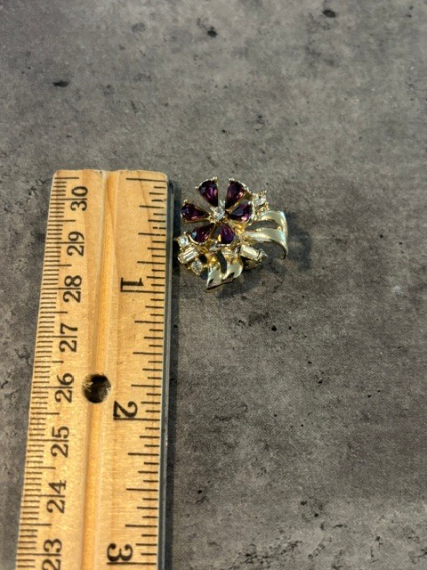 Vintage Lot of 2 Flowers Gold Tone Pin Brooch Purple Rhinestones and Pearl
