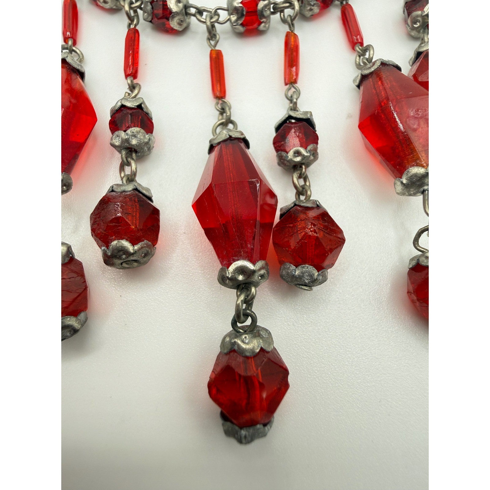 Vintage Red Glass Fringe Bib Necklace Silver Tone Beaded Art Deco