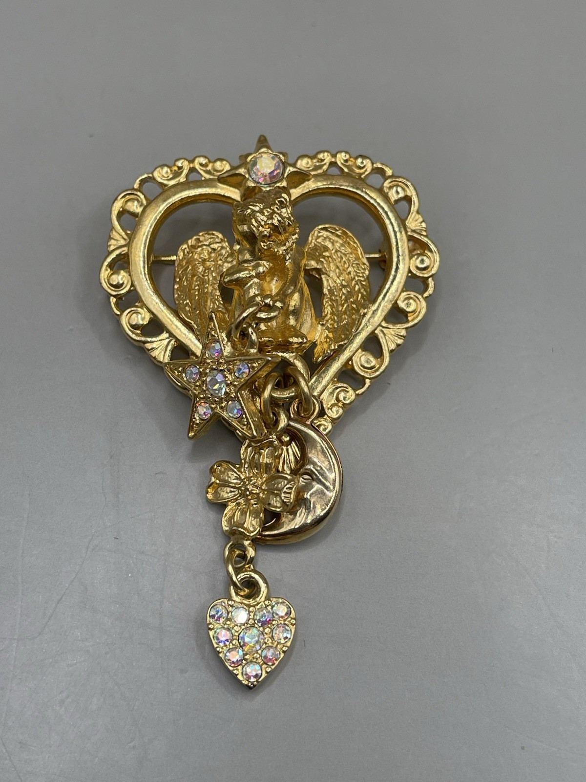 VTG Kirks Folly GoldTone Angel Cherub Heart Star Moon Charms Crystals Pin Brooch