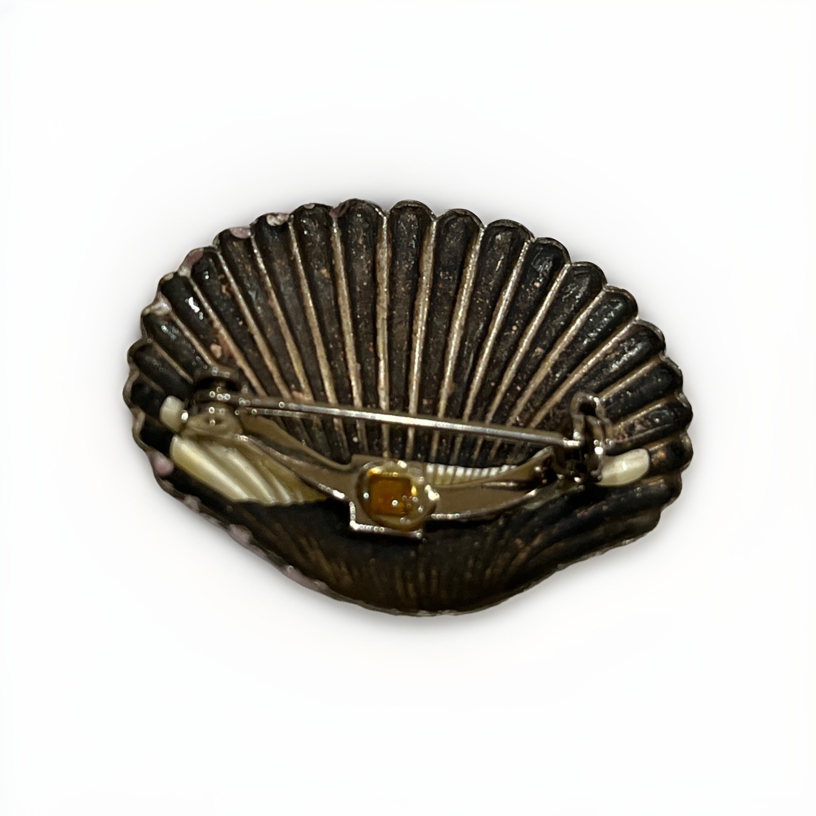 Vintage Enameled Sea Shell Brooch Pin Pretty Floral Bouquet On Purple Enamel