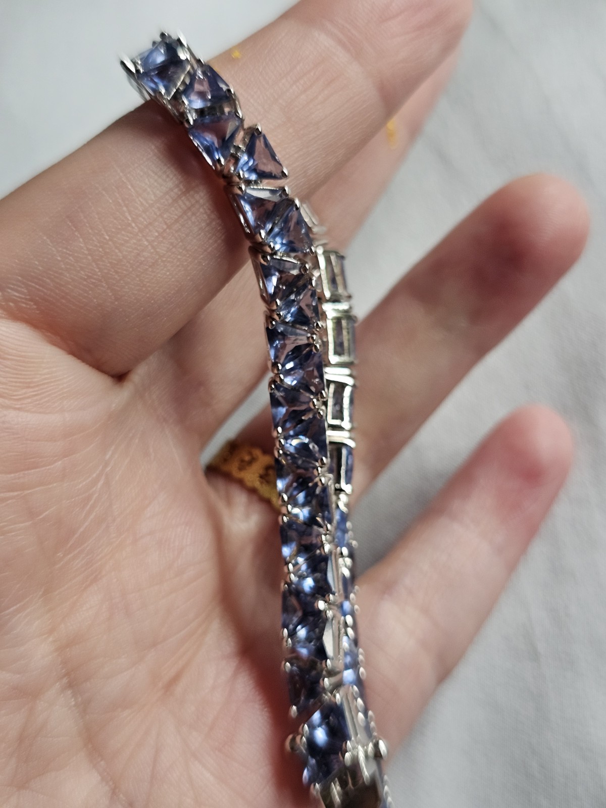 Vintage 925 Sterling Silver Trillion Cut Tanzanite Glass Tennis 8″ Bracelet