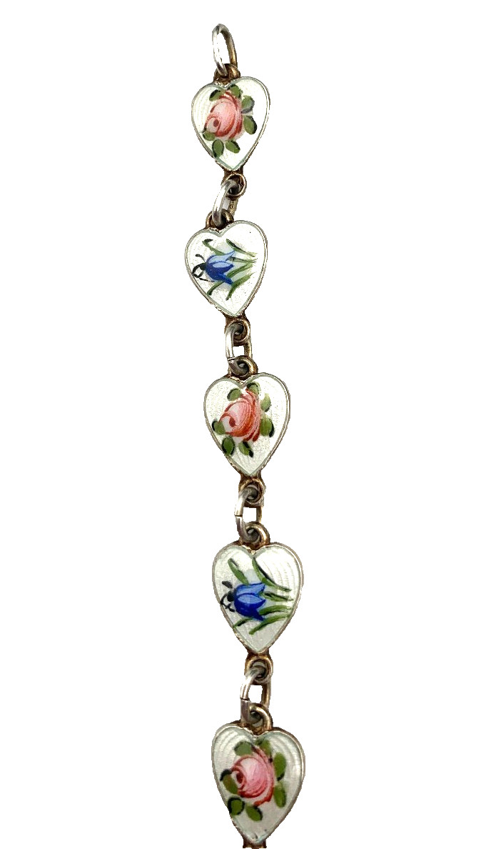 Vtg Finn Jensen Guilloche Enamel Hearts Roses and Bell Flowers Bracelet & Ring