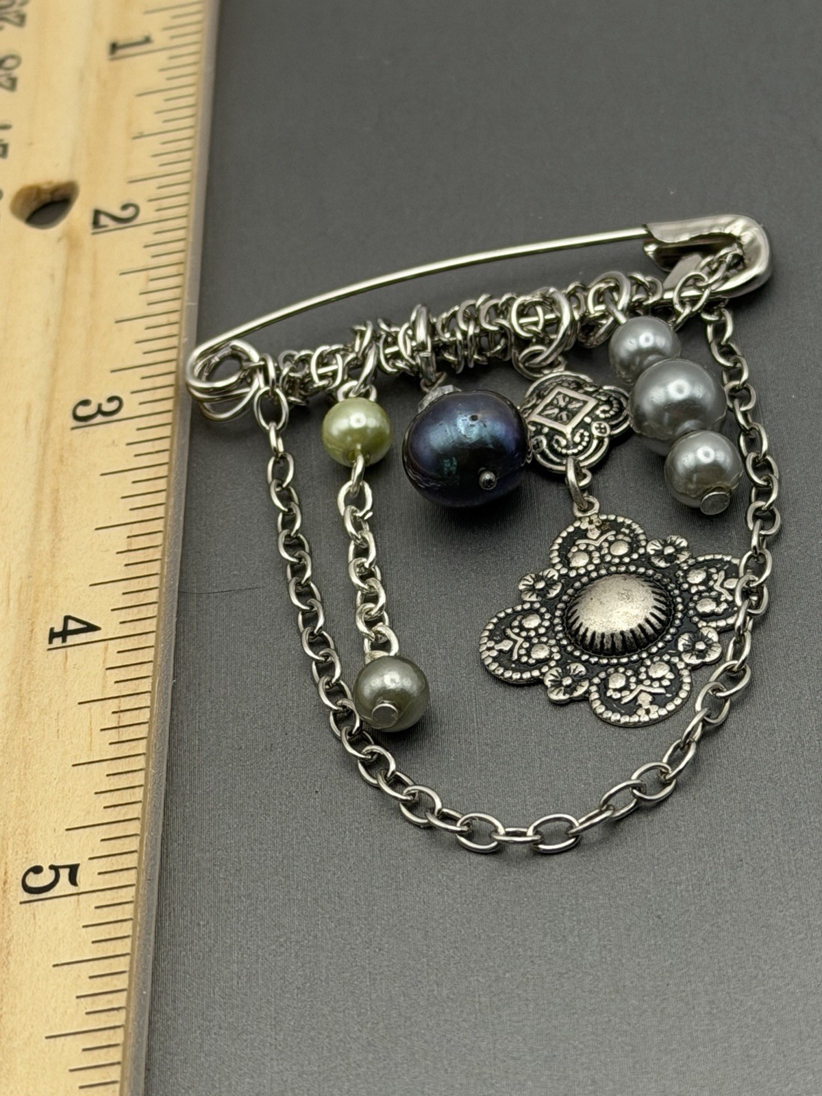 Medallion & Baroque Pearl Style Charm Silver Tone Safety Pin Brooch
