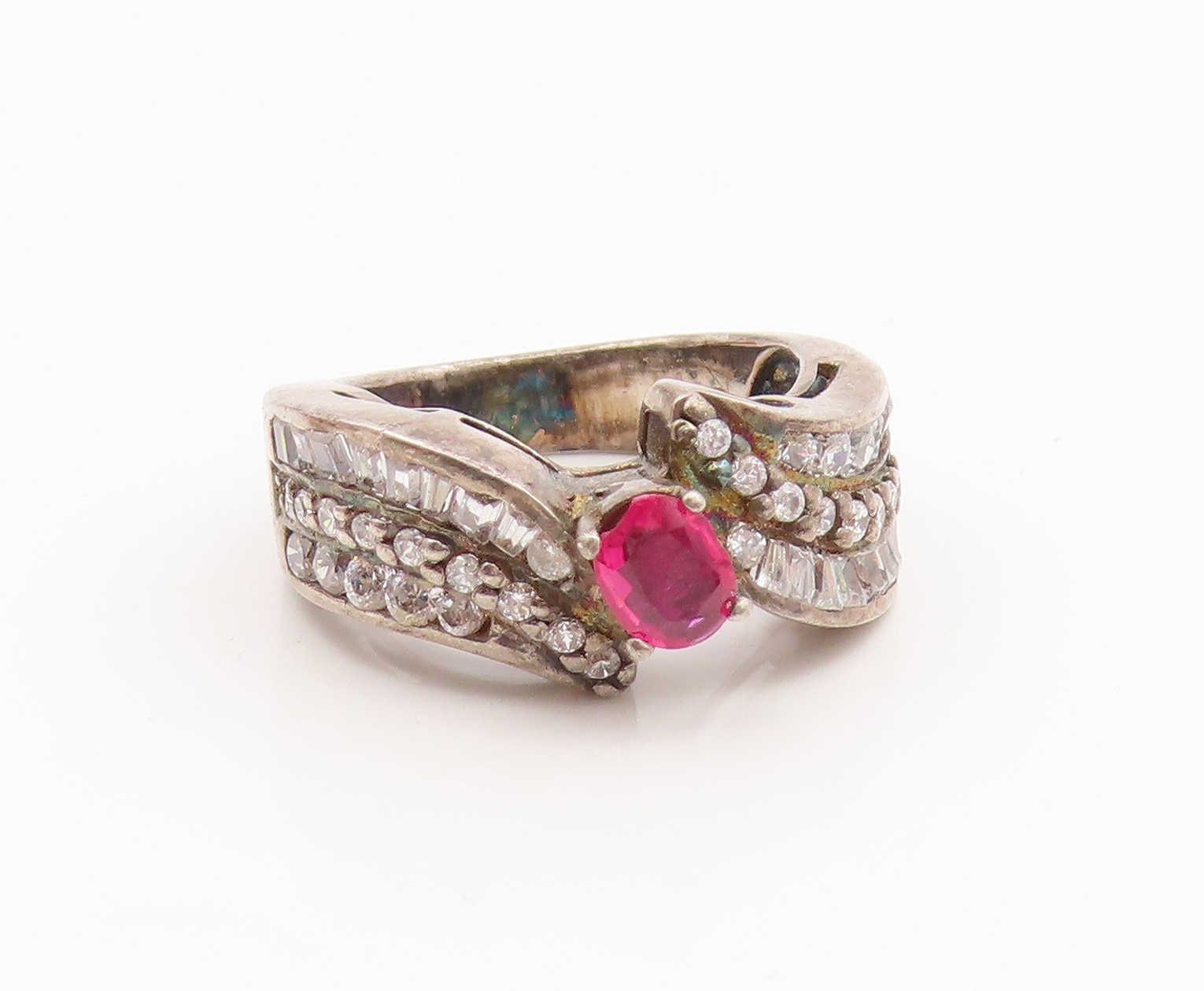 925 Sterling Silver Vintage Ring Oval Ruby & Sapphire Bypass Band Sz 6 RG35861