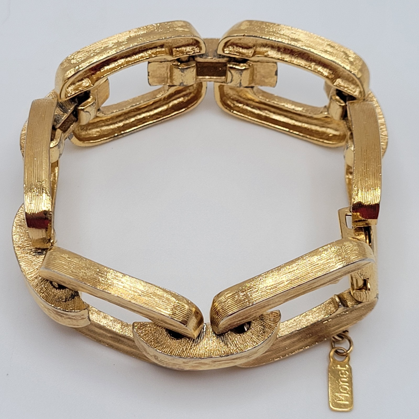 Monet Chunky Square Link Gold Tone Brush Finish Vintage Bracelet No Safety Chain