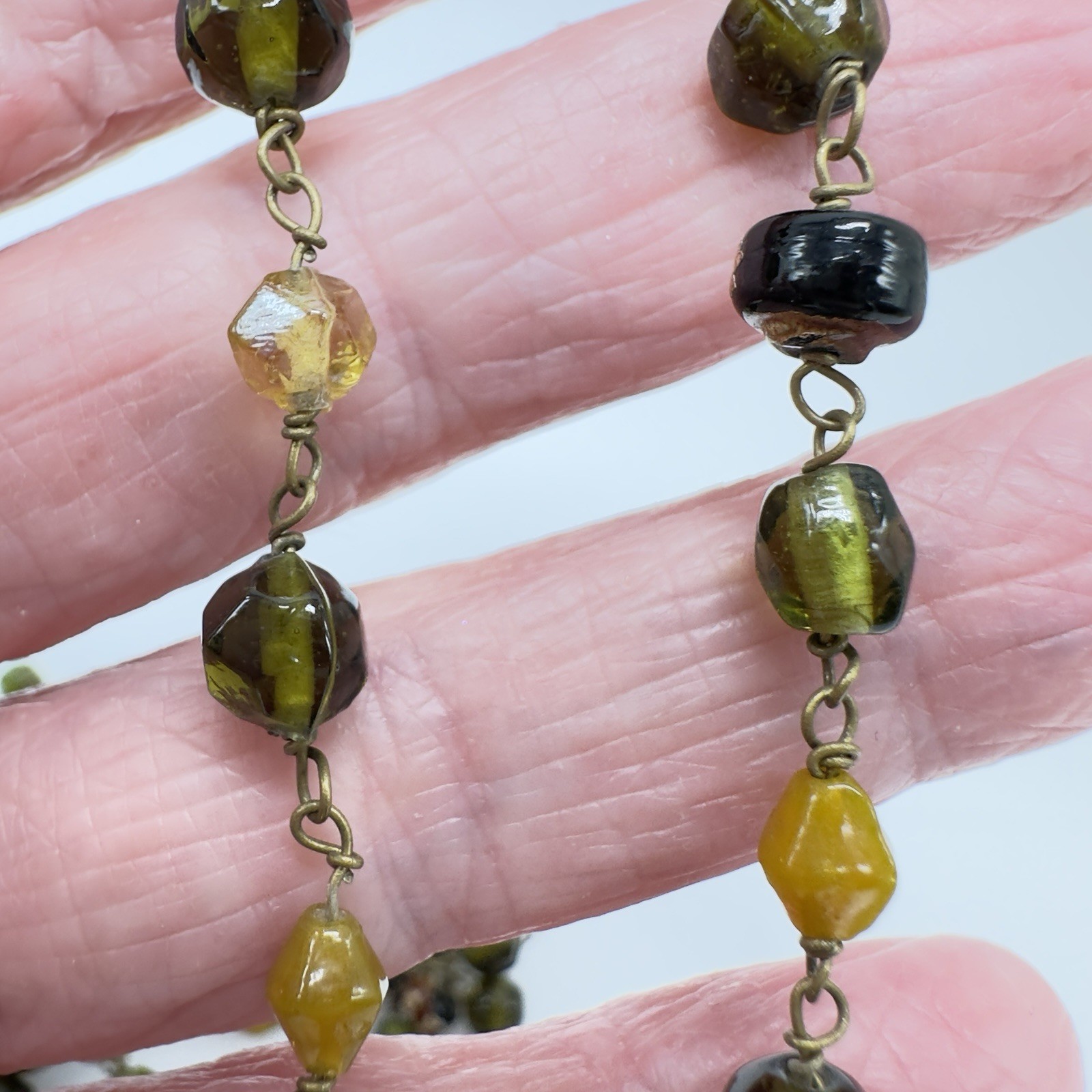 Vintage Art Glass Necklace Earth tones Multi-shape Molded Hand Wired 62″ Opera