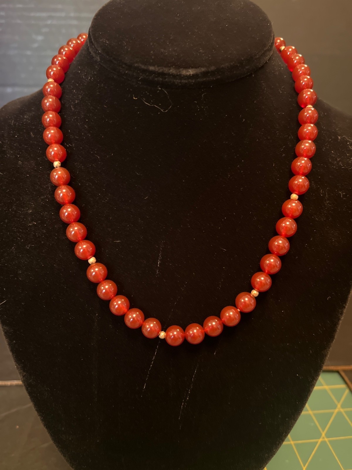Vintage Red Beaded Necklace Carnelian ? Gold Accents 10k Safety Clasp Closure