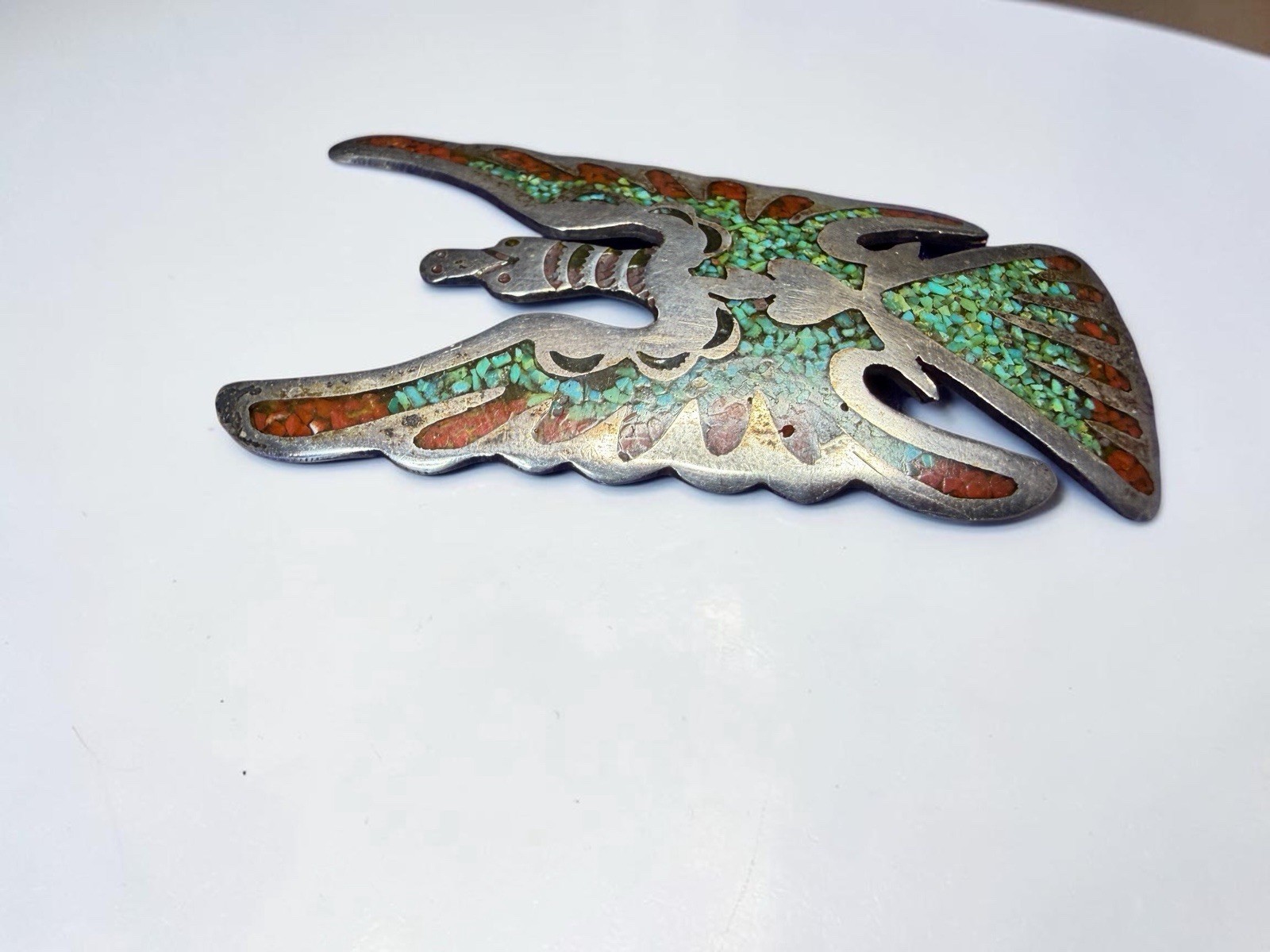 Navajo Juan T. Singer JTS Sterling Silver Turquoise Coral Thunderbird Pin Brooch
