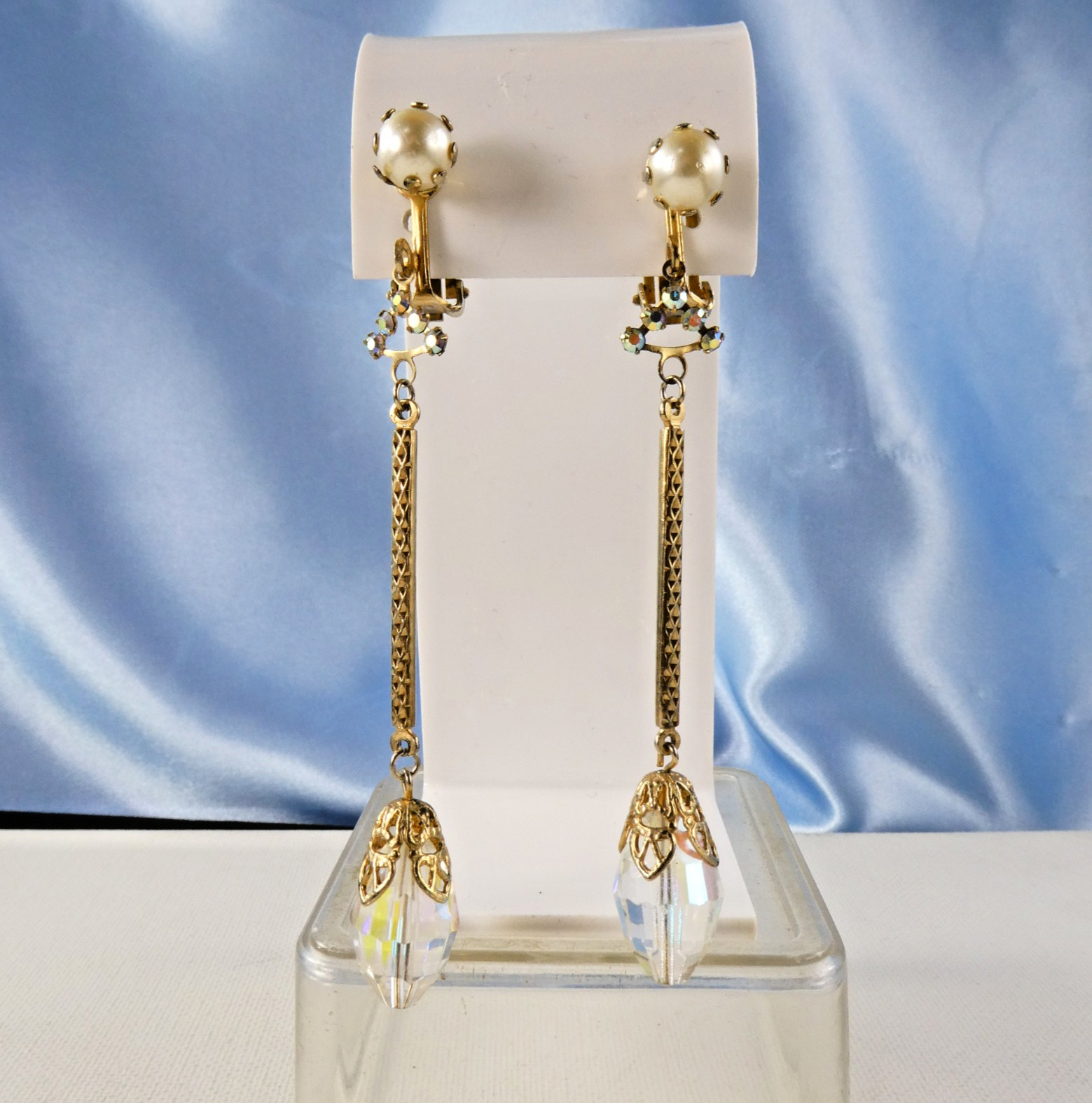 Vintage LONG Crystal Drop Dangle Earrings Clip On AB Glass Gold Tone