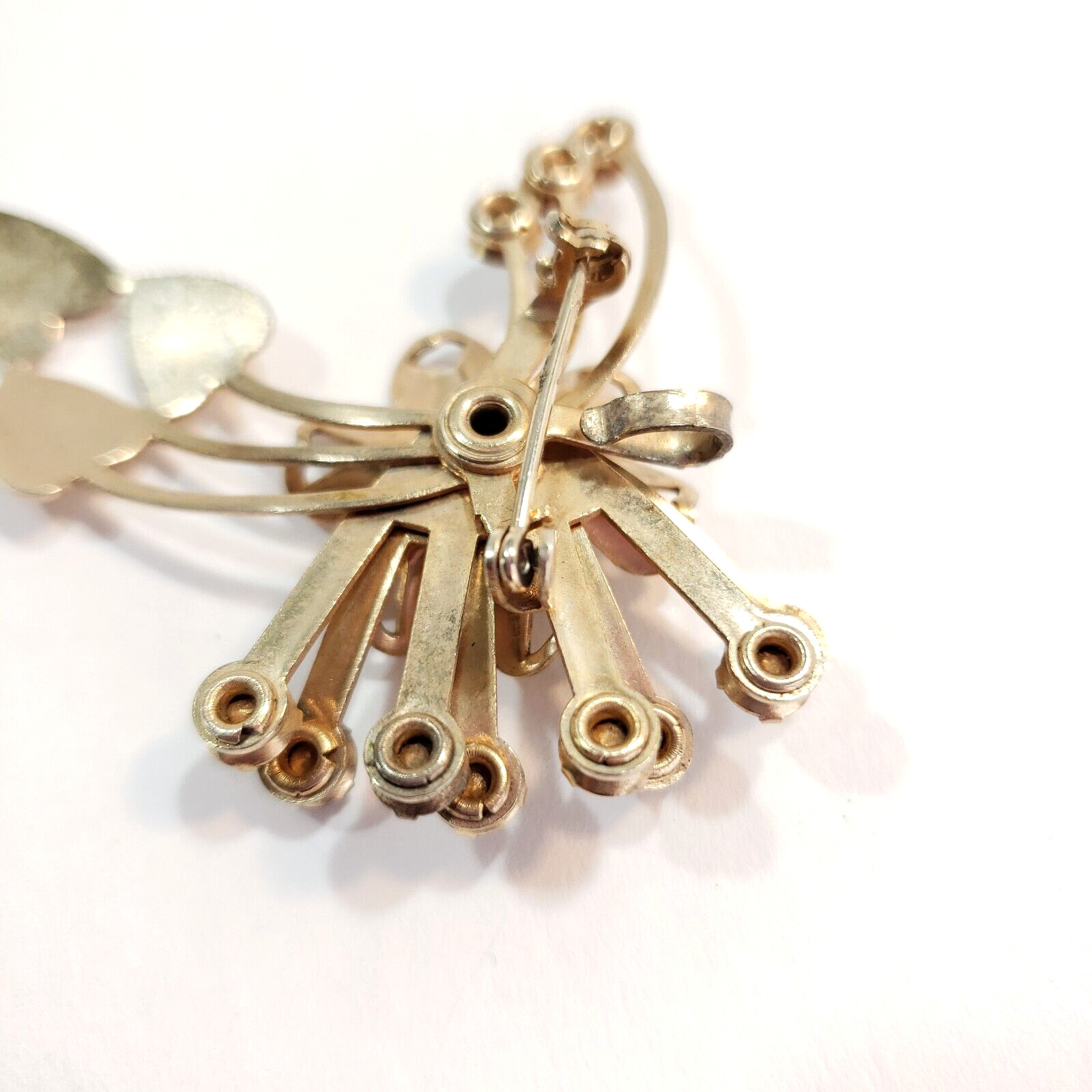Vintage Green Rhinestone and Gold Tone Pin Brooch Pendant Flower and Hearts