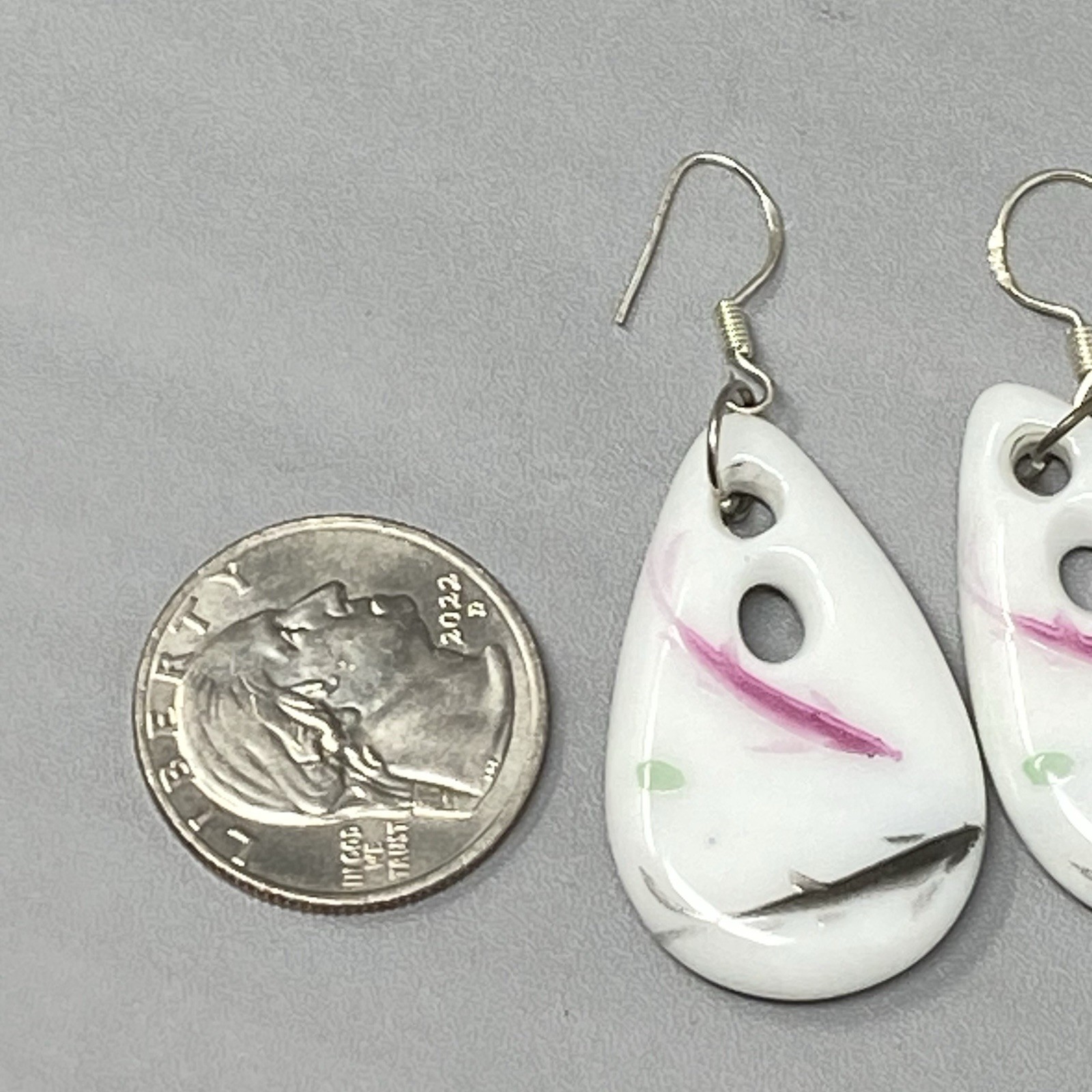 White Glass Bead Earrings Pink Black Splatter Teardrop Pierced Dangle Drop Hook