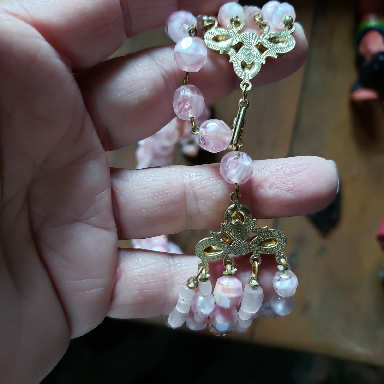 La Roco Pink Bead Rhinestone Necklace Earrings Jewelry Set Mid Century Modern