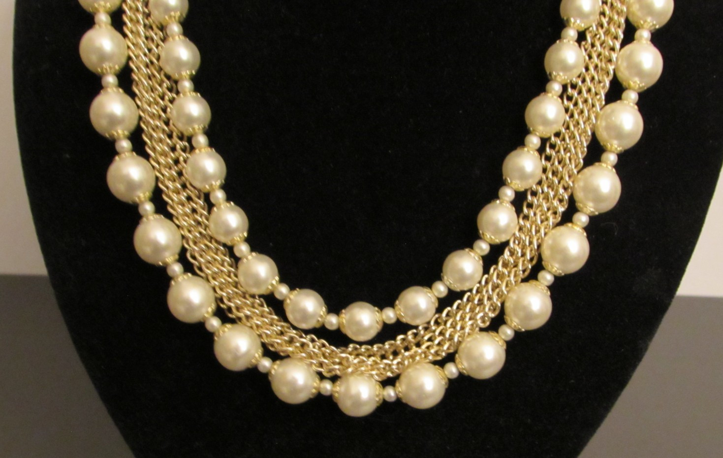 Multi Strand Choker with Faux Pearl Beads and Silver Tone Chains