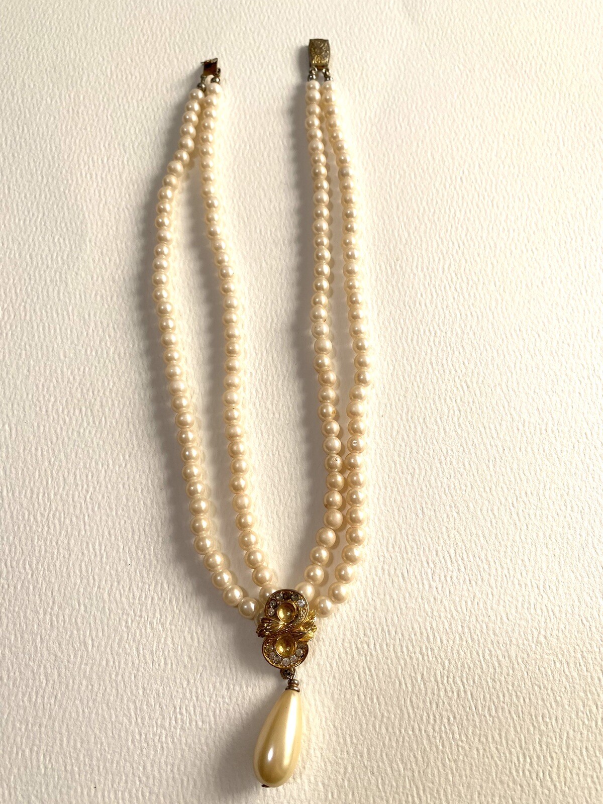 Vintage Estate Faux Cream Pearl Gold Tone Rhinestone Drop with Fish Hook Clasp